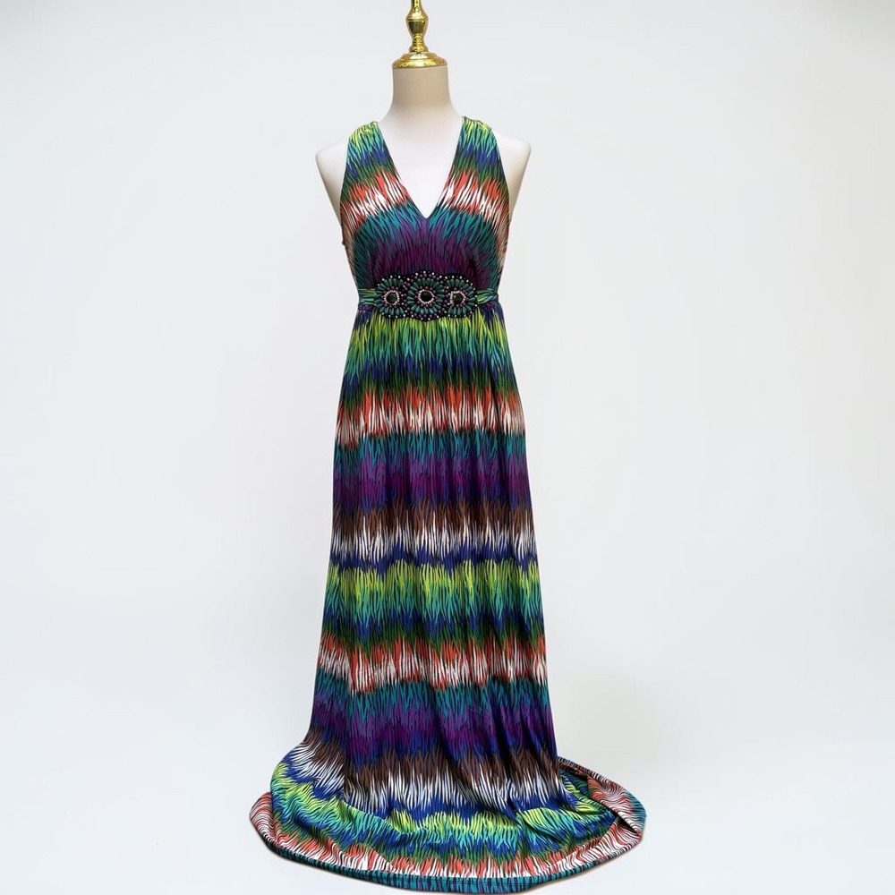 VTG Y2K ICE Maxi Dress 10 Multicolor Beaded Empire Waist Boho Gown Bold Abstract